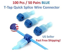 100pc Insulated 16-14 AWG T-Taps Quick Splice Wire Terminal Connectors Kit BLUE