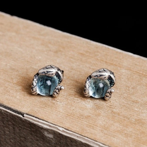 925 Sterling Silver Snake w/ Topaz Punk Vintage Ear Stud Earrings Gothic Jewelry