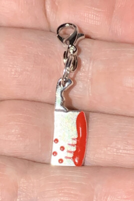 Small Silver Bloody Meat Cleaver Knife Charm Zipper Pull & Keychain Add On Clip!