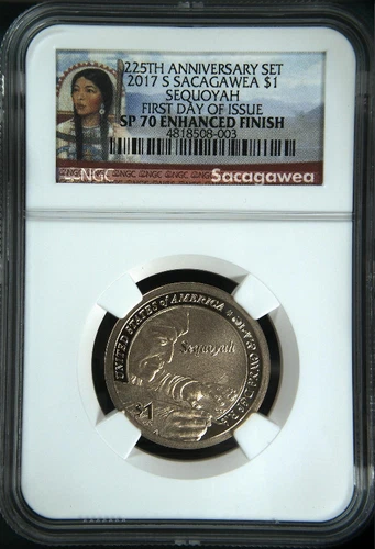 :2017-S $1 SACAGAWEA NATIVE AMERICAN SEQUOYAH NGC SP 70 ENHANCED FINISH FDOI