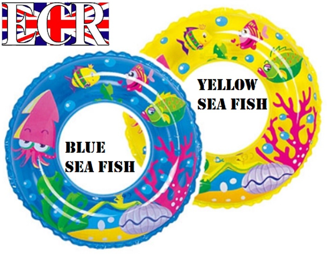 Nuevo Inflable Jardín Piscina Nadar Anillo 60cm Diámetro Azul Amarillo Mar Pez