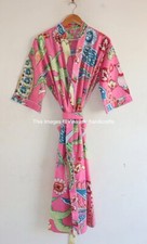 Cotton Robe Long Kimono Pink Sleepwear Robe Indian Bird Printed Night Dress