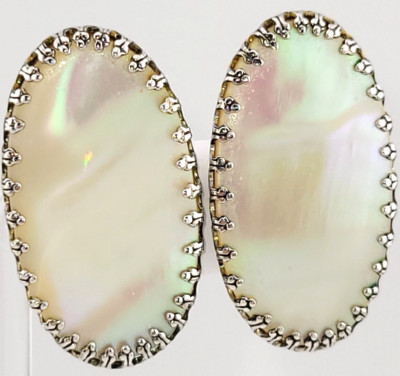 TLC Vintage Whiting & Davis Mother of Pearl Silver Tone Clip Earrings 1 3/8''
