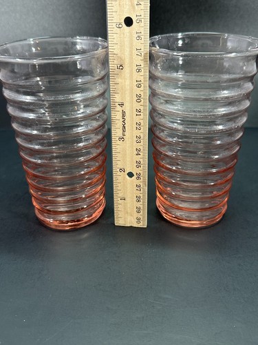 Vintage Anchor Hocking Pink Ribbed Tumblers 12 oz 5.5 Inches Tall Set Of 2 - 第 2/5 張圖片