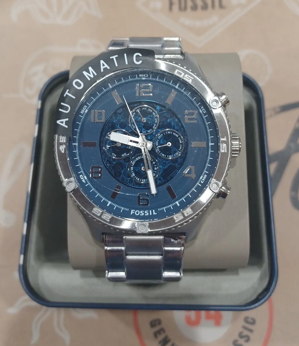 NIB Fossil BQ2669 Brox Automatic Silver Blue Tone Stainless Steel 