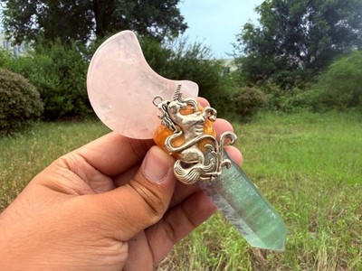 Rose Quartz Moon Green Fluorite Unicorn Wand Handmade Crystal Scepter Ornment