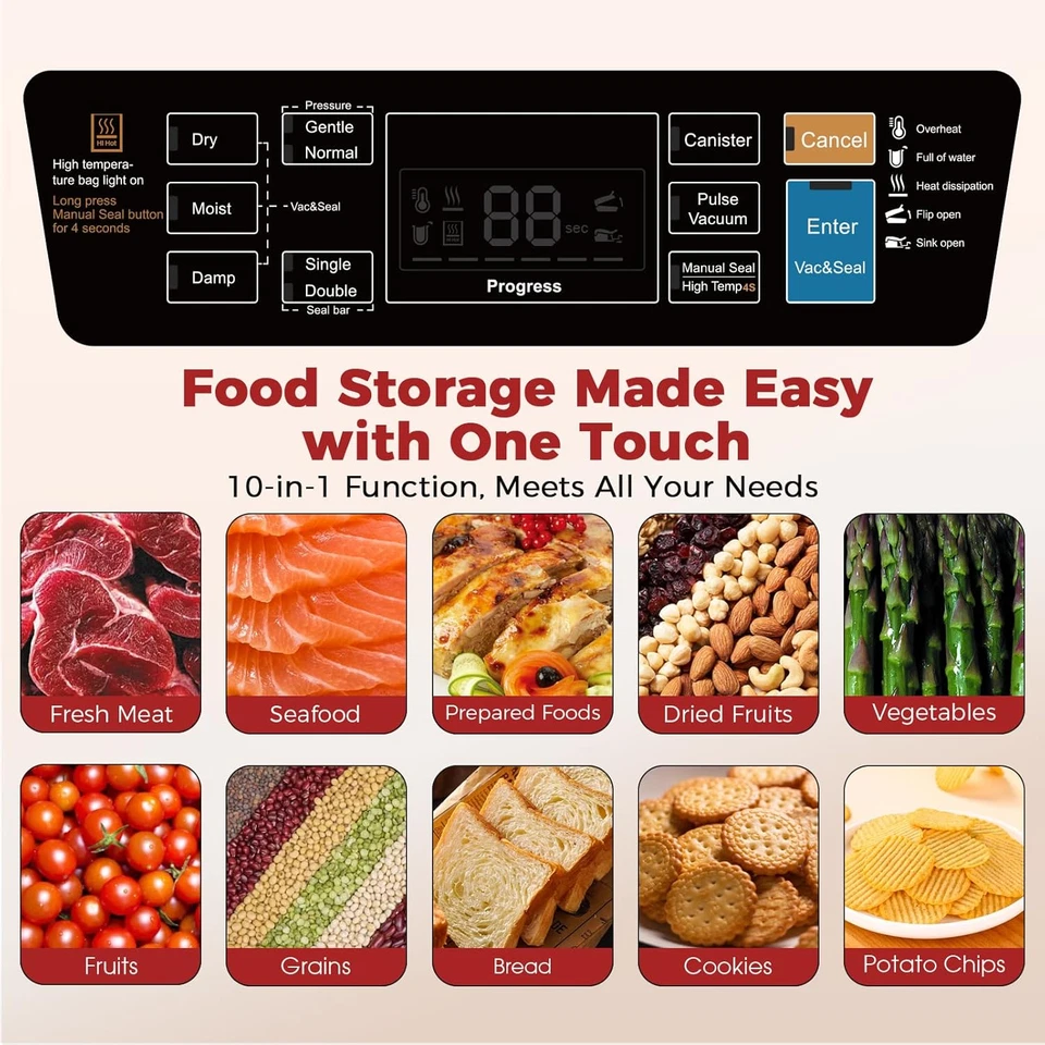 Máquina Selladora al Vacío 95Kpa, Selladora de Alimentos Comercial Completamente Automática, Función 10 en 1 Foto 2 de 4