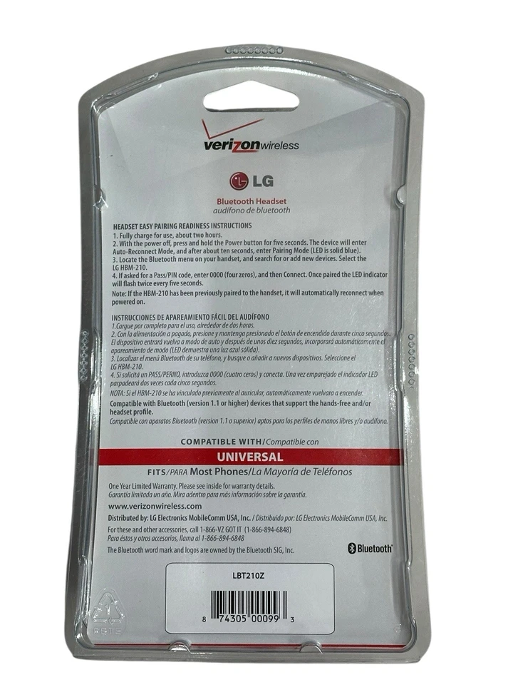 Verizon Wireless LG Bluetooth Headset LG Universal LBT210Z New In Box - Image 2 of 2
