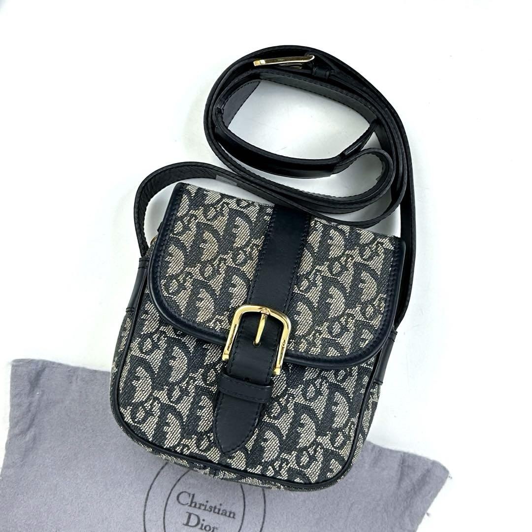Dior Trotter Black Leather and Canvas Shoulder Bag with All-Over Pattern