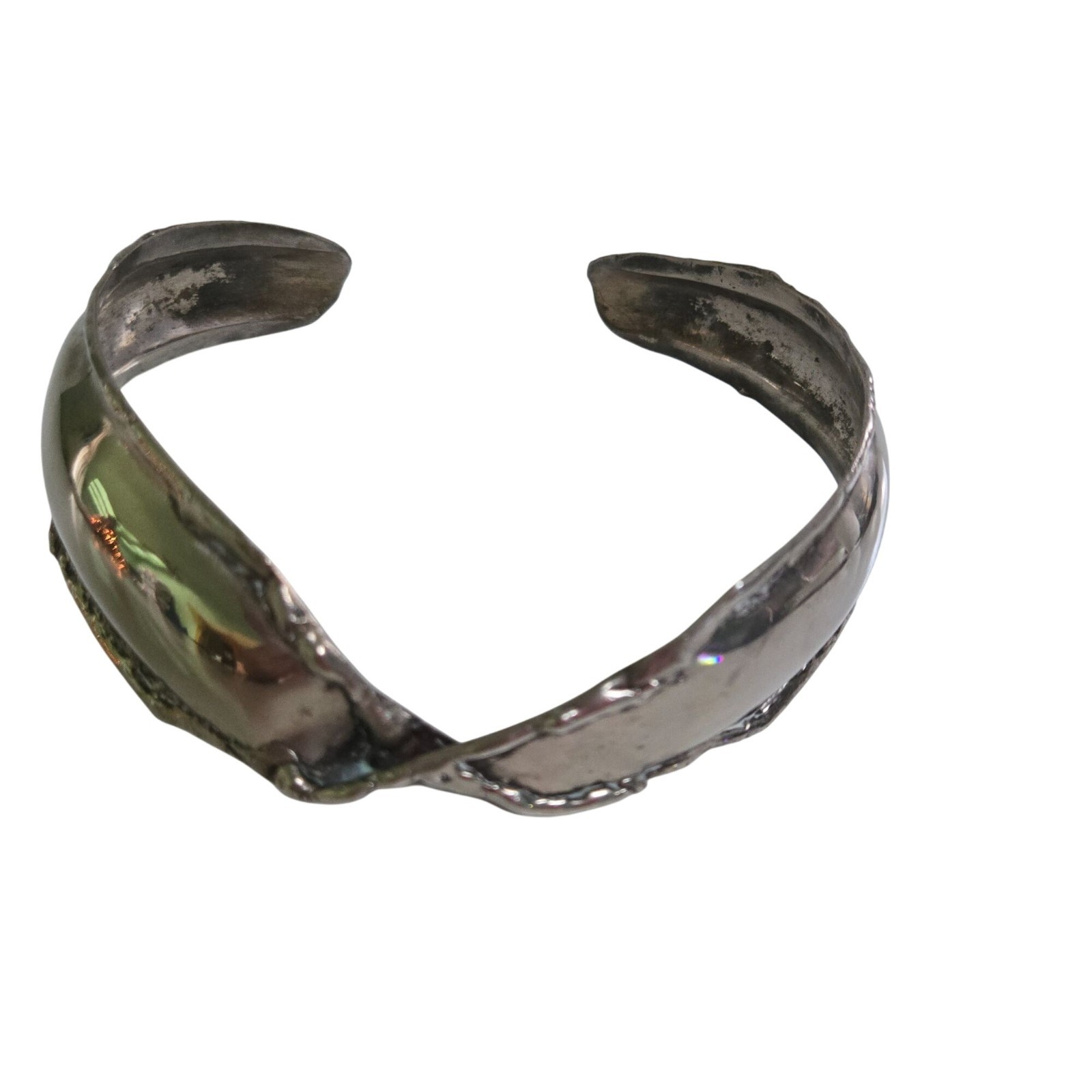 Vintage Unique Brutalist Hammered Silvertone Cuff Necklace Adjustable 1.25