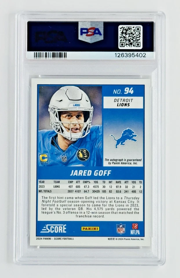 2024 Panini Score Jared Goff Auto PSA 10 GEM MINT • Pop 2 • Detroit Lions 🔥 - Image 2 of 2