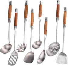 Stainless Steel Kitchen Cooking Utensils set with Wooden Handle 8 Pieces Metal