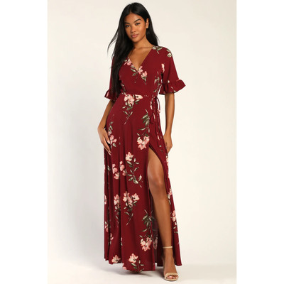 Lulu s September Sunsets Burgundy Floral Print Wrap Maxi Dress Romantic XL