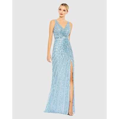 Mac Duggal Ice Blue Sequined Faux Wrap Sleeveless Slit Formal Gown Size 14