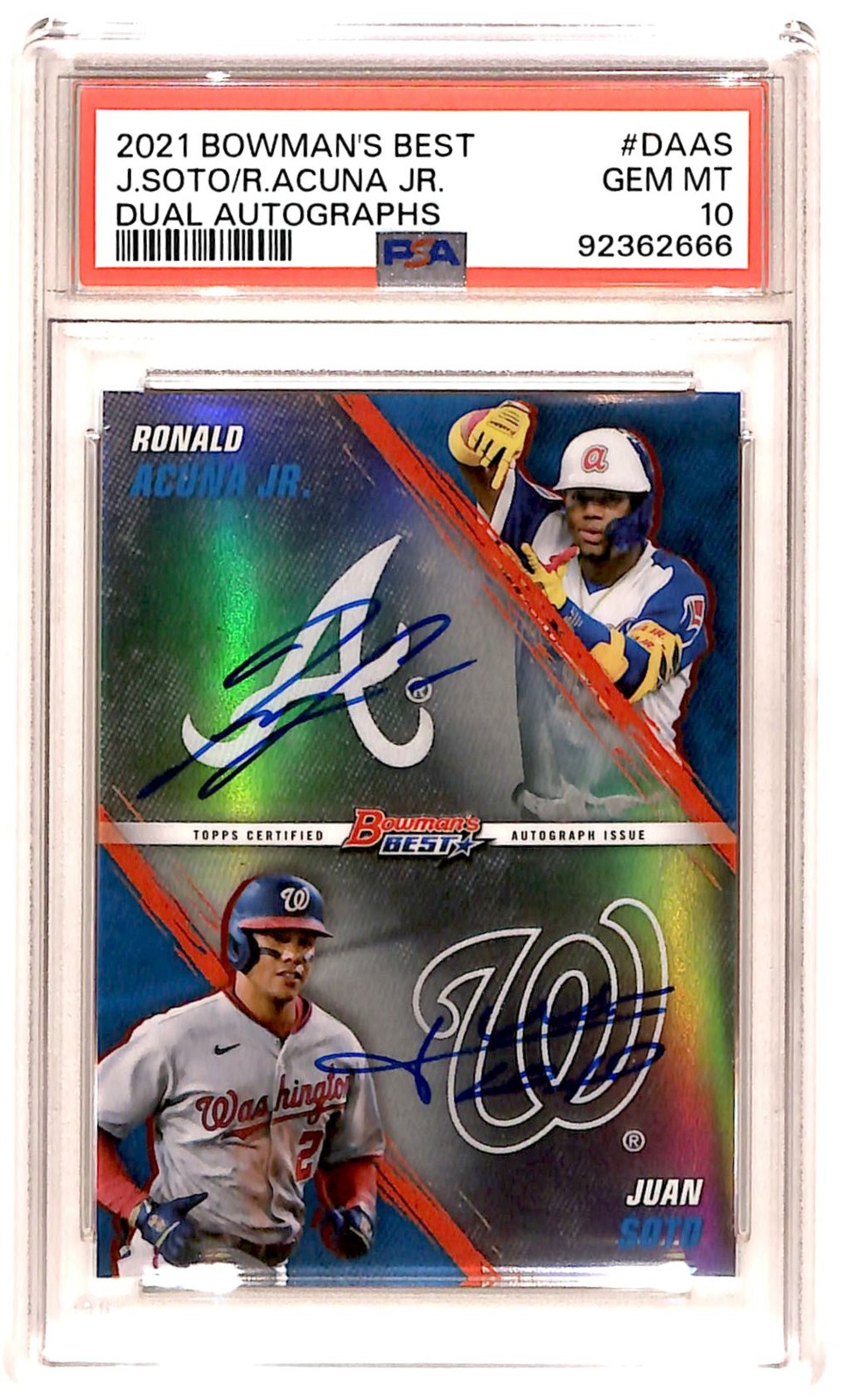 2021 Bowman's Best Dual 15/25 Juan Soto Auto Ronald Acuna Auto PSA 10 SB6