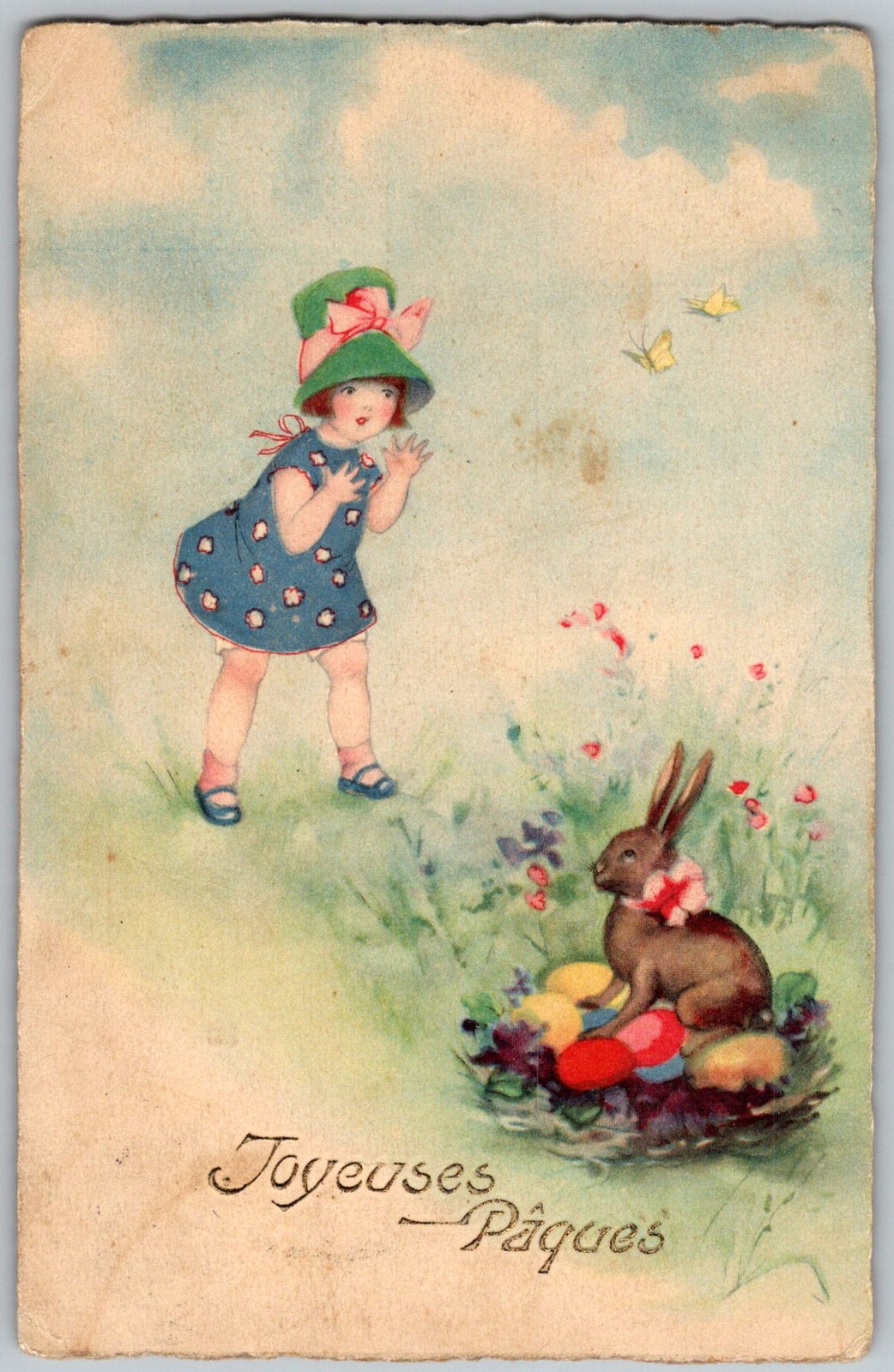 Antique Postcard Easter Bunny & Girl Budapest, Hungary 1920s
