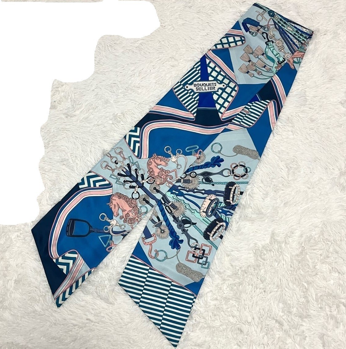 HERMES Maxi Twilly Scarf Bouquets Sellier Silk 5.3 x 212 cm Blue MINT Auth