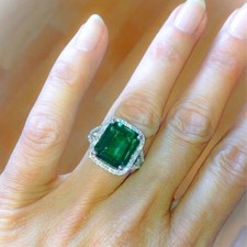7.54 Ct Emerald Natural Emerald  Diamond Wedding Ring Sterling Silver Gold Sz 8