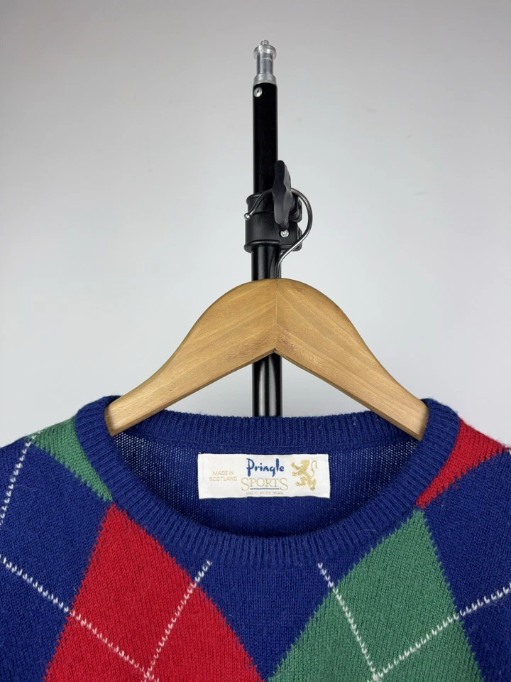 Retro 90s Vintage Pringle of Scotland Argyle Wool Sweater Men’s M Size - Image 4 of 4