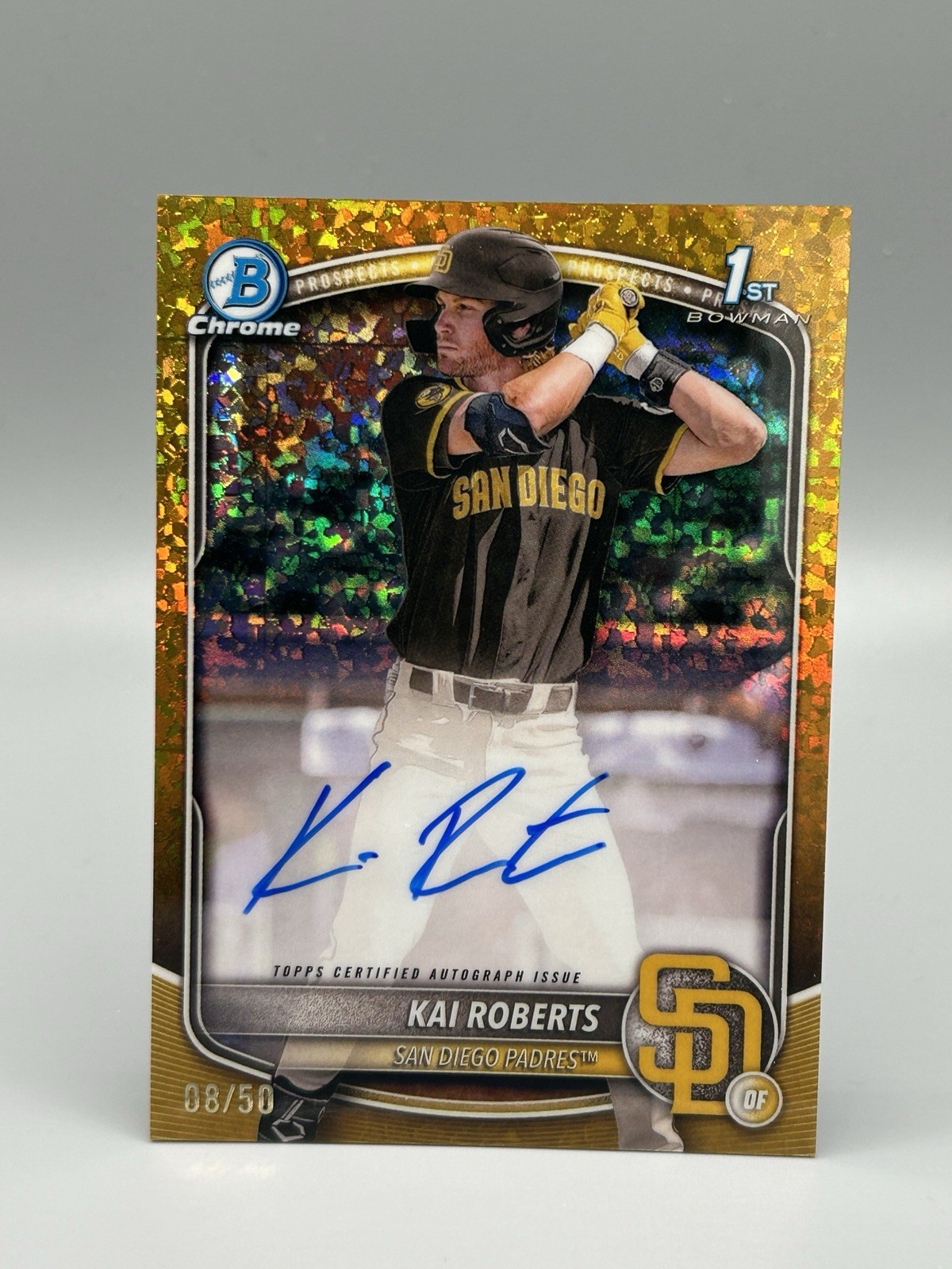 2025 BOWMAN CHROME KAI ROBERTS 1ST GOLD MINI DIAMOND AUTO 08/50 CPA-KR PADRES
