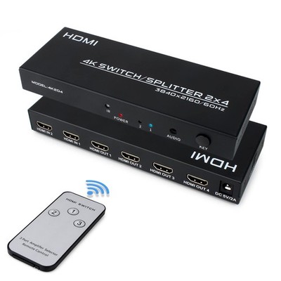 4K HDMI Switch Splitter 2 in 4 Out, 4K@60Hz 2x4 HDMI Matrix Splitter Switch w...