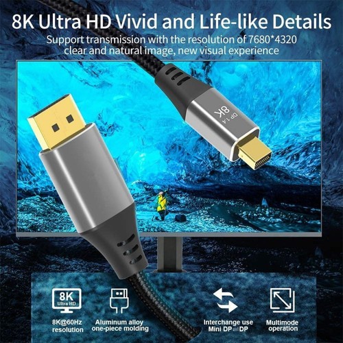 Mini DP to DP Cable Conversion Cord Adapter 8K@60Hz 4K@144Hz DisplayPort 1.4 C - Picture 13 of 17
