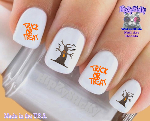 Nail Art HOLIDAY Halloween Spooky Tree TR or TR WaterSlide Nail Decals Transfers - Picture 2 of 2