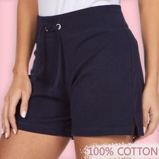 Ladies Cotton Shorts Summer Plain Hot Pants Navy Elasticated Waistband S-XXL NEW