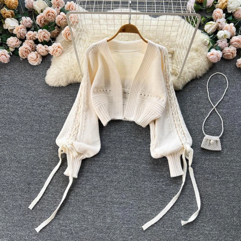 Womens V Neck Lace Up Loose Long Sleeves Knitted Jumpers Short Sweater Cardigan