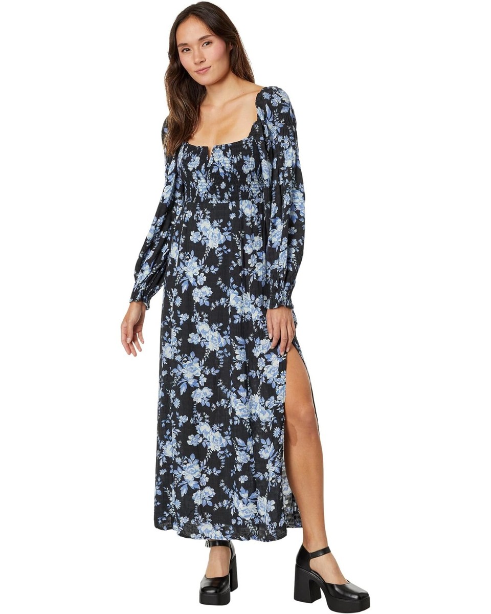 knee length dresses for ladies Free People Organza Mustard With Floral Long Sleeve Front Buttons Details  Maxi Dress (Size M)
