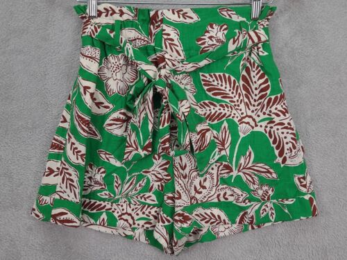 Zara Tropical Paper Bag Shorts Linen Blend Size XS Floral Green & Brown Belt NWT