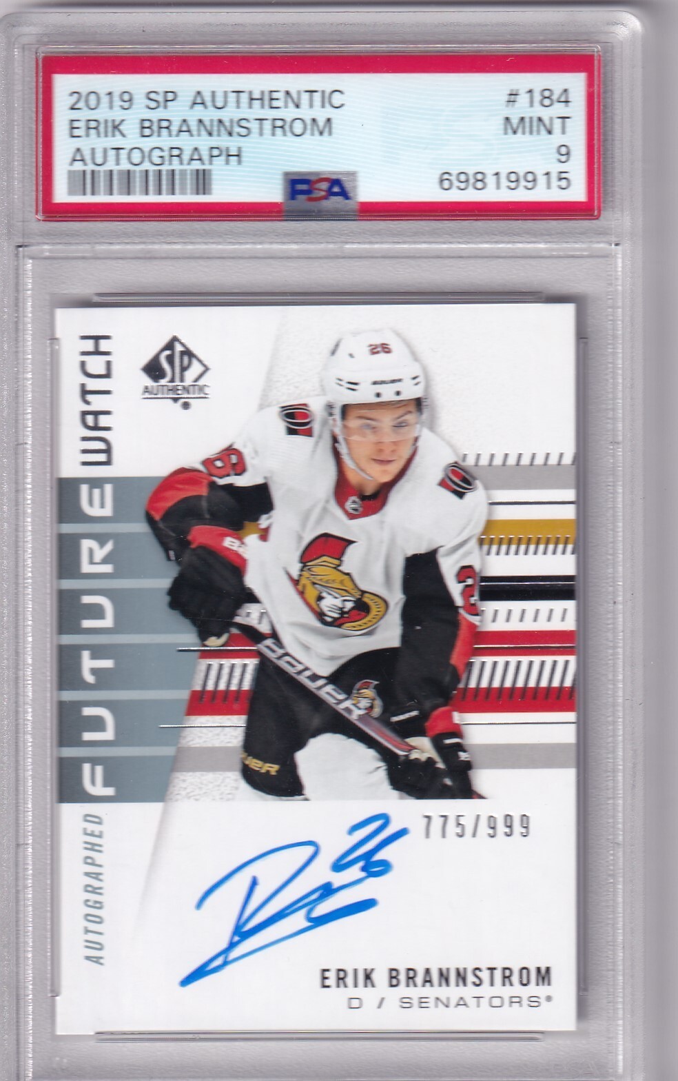 2019 SP Authentic Hockey Erik Brannstrom Future Watch Auto #775/999 PSA 9