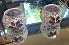 S/2 Handmade Colorful Turkish Glass Beads & Mosaic Glass Tea Light Holder