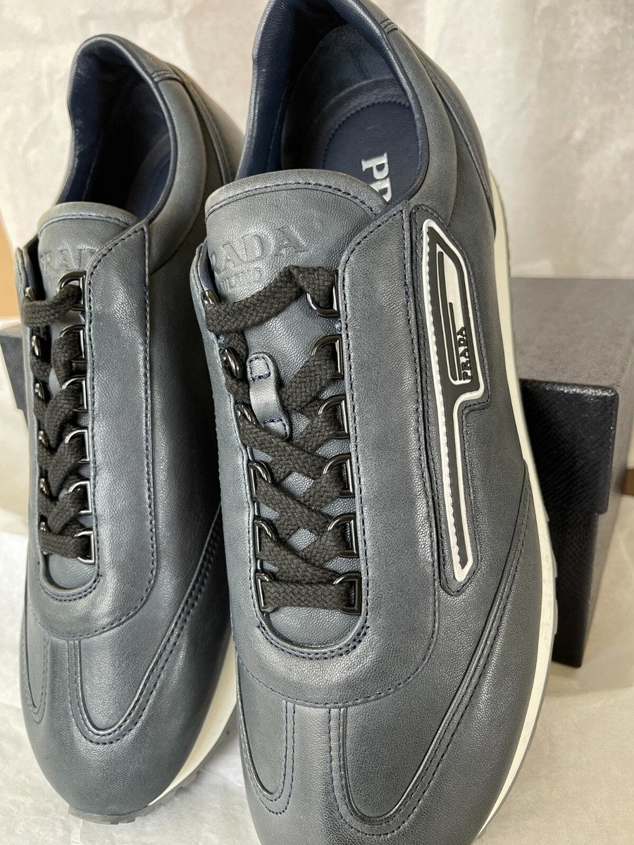 PRADA 2EG286 Greenish BLUE LEATHER LOGO PANEL SNEAKERS SHOES