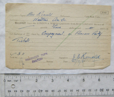 1951 London & North Eastern Railway Quittung signiert J. B. Ronald, Huttons Ambo