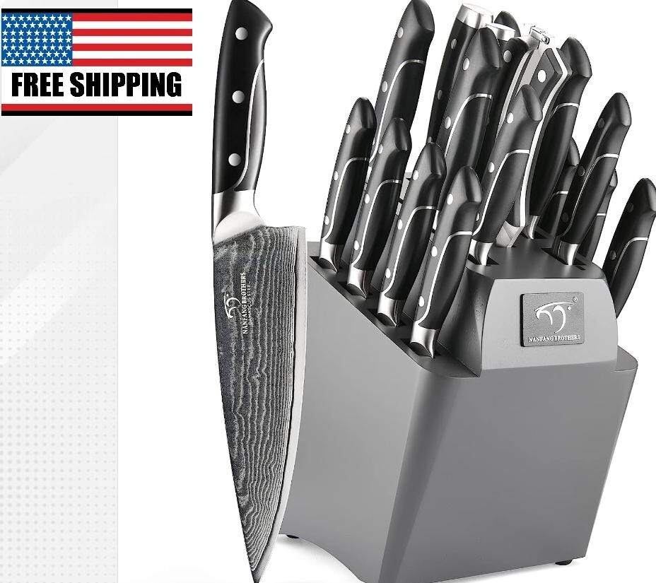 18 Pieces Damascus Kitchen Knife Set Non-slip ABS Ergonomic Triple Rivet Handle