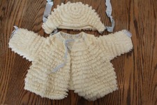 Vintage Baby Ivory Knit Hat  Coat w/Ribbon L 32