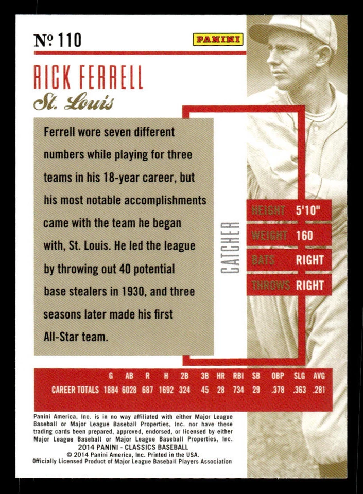 2014 Panini Classics #110 Rick Ferrell Card St. Louis Browns - Image 2 of 2