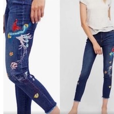 Free People Boho Embroidered Skinny Jeans 27