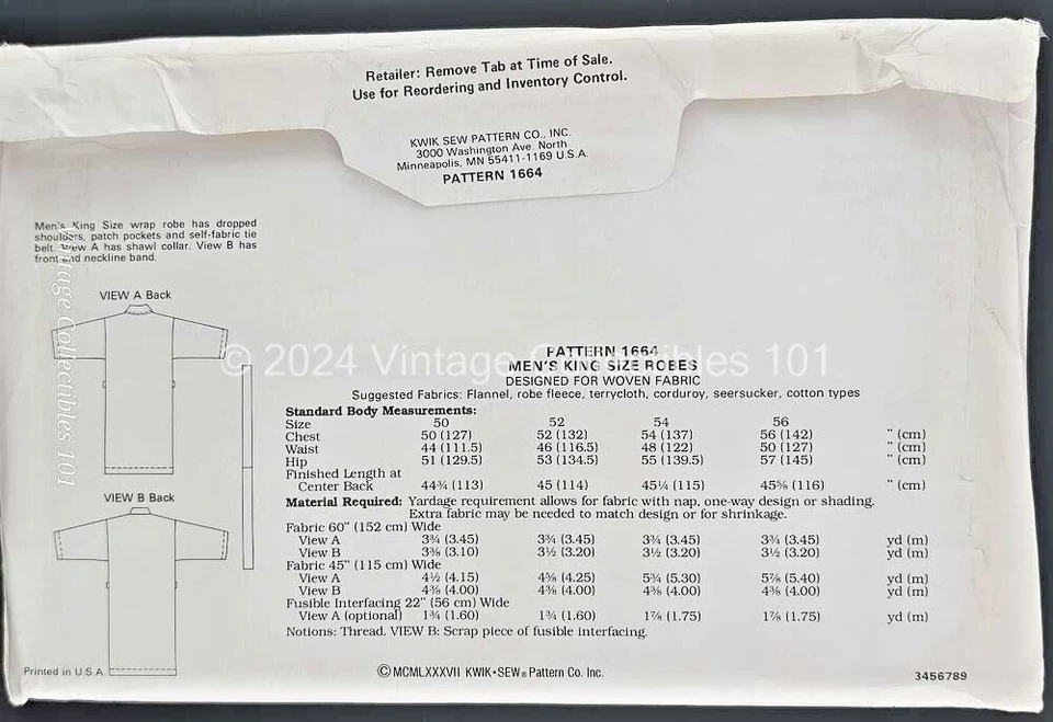 Kwik Sew Pattern 1664 Men's Knee Length Bath Robe King Size 50 52 54 56 Uncut FF - Image 3 of 4