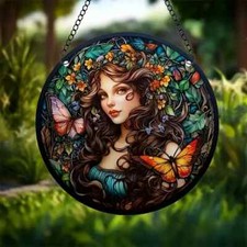 Beautiful fairy stained window hanging acrylic suncatcher with butterflies