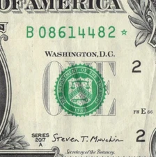 Series 2017A Star Note B New York 3.2M Pack Run FW $1 Dollar Bill B08614482*