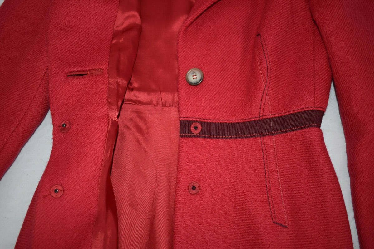 Prada Red Wool Button Popper Long Trench Coat Smart Jacket