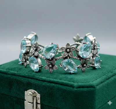 925 Sterling Silver Blue Aquamarine Gemstone Handmade Jewelry Cuff Bracelet