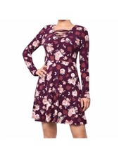 PLANET GOLD Womens Long Sleeve V Neck Above The Knee Fit Flare Dress
