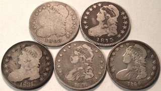 Lot (5) Capped Bust Half Dollars 1809 1813 1831 1834 Better Silver 50C Type Coin