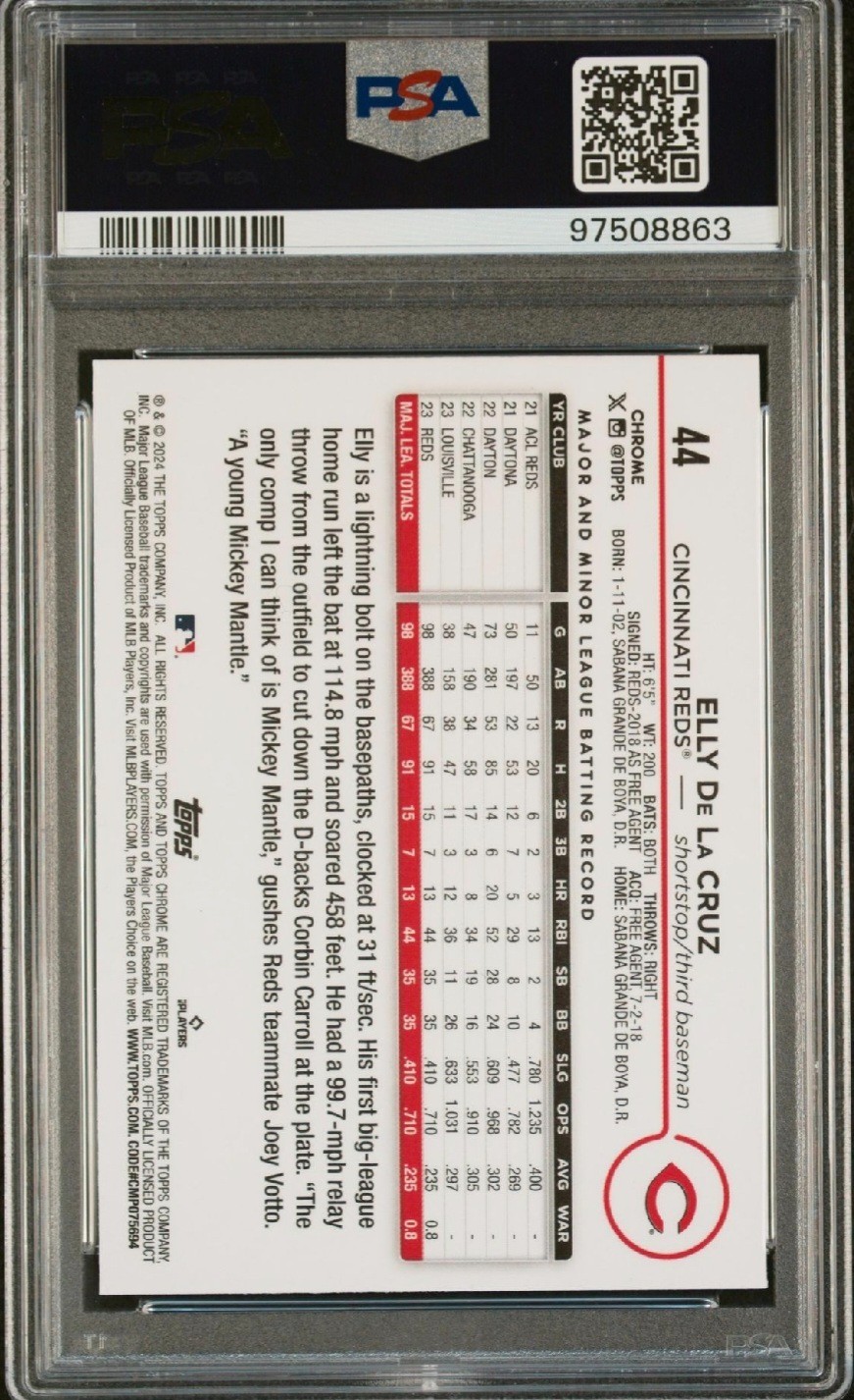 2024 Topps Chrome Elly De La Cruz ROOKIE Green Sonar Refractor #/99 Reds PSA 10 view 2