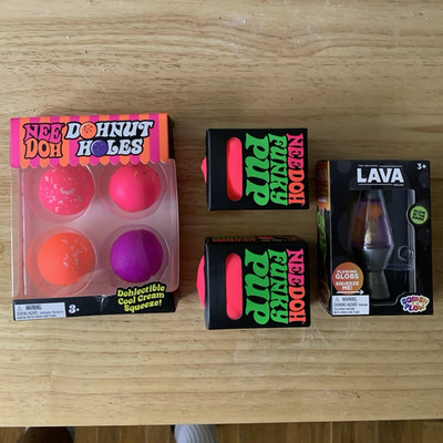 Schylling NeeDoh Squeeze Toy Lot: Donut Doh Holes 4pc,Needoh Pup x2, Lava