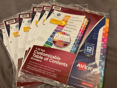 6 Pks Avery Classic 1-12 Tab Customizable Table Contents Dividers 11141