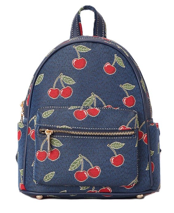 Womens Small Rucksack Cherry Print Blue Mini Backpack Day Bag Travel Casual - Image 2